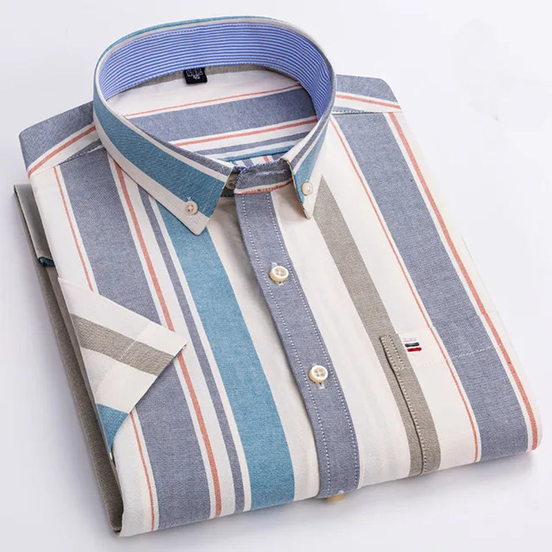 100% Cotton Men Oxford Shirt Short Sleeve Summer Plaid Striped Male Clothes Business Regular Fit Dress Shirt Oversized 7XL 6XL-Gennys fashion