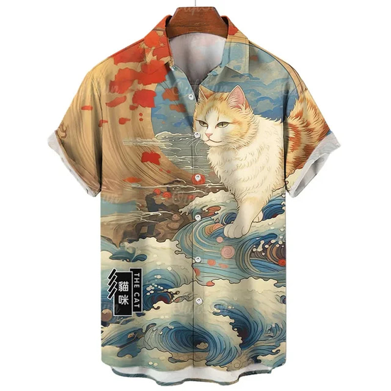 Fashion Hawaiian Shirt 3D Animal Cat Printed Short Sleeves Summer Beach Floral Lapel Shirts Men Streetwear Tops Blouse Clothes-Gennys fashion