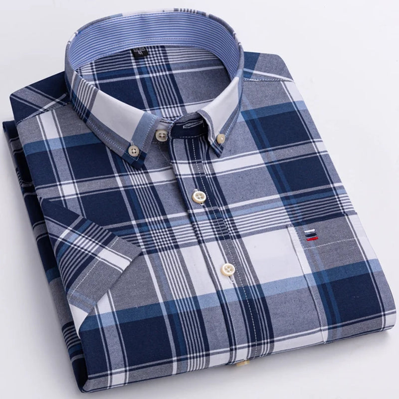 Men'S Fashion Versatile Short Sleeve Oxford Shirt Single Chest Pocket Regular-Fit Comfortable Cotton Plaid Striped Casual Shirts-Gennys fashion