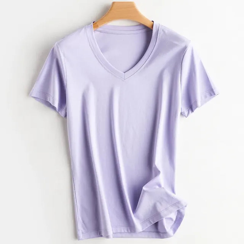 Summer 100% Mercerized Cotton Women Silk T-Shirts O Neck Short Sleeve Loose Straight Tops Simple Casual Tees for Minimalist 2023-Gennys fashion