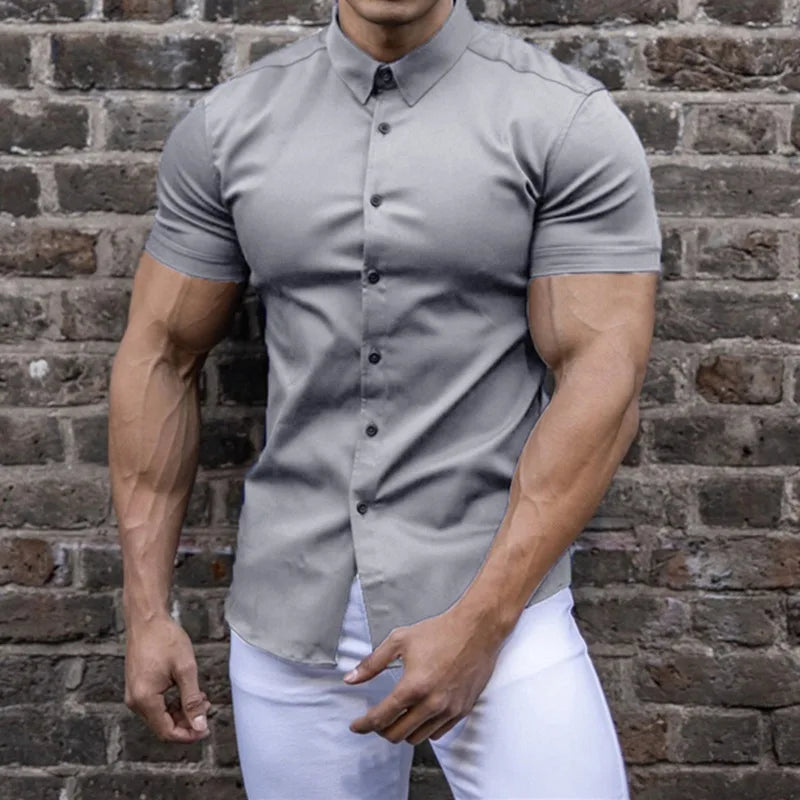 New Summer Fitness Solid Color Sports Single Breasted Casual Cardigan Business Shirt Short Sleeve Lapel Shirt Elastic Thin Men-Gennys fashion