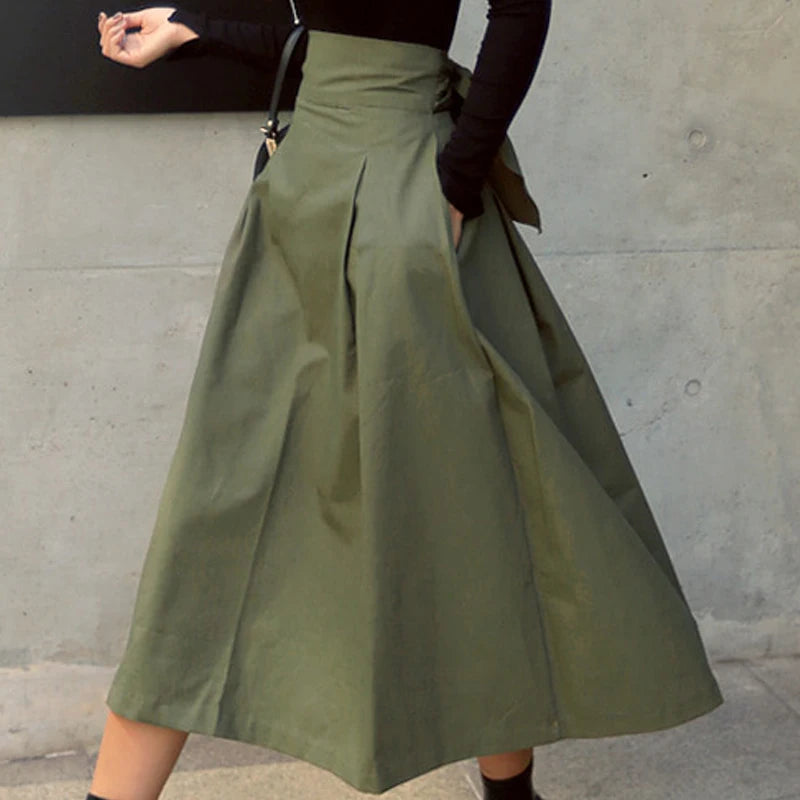 Skirts Womens Korean Fashion Solid Color Big Swing Ladies Skirt Long Skirt 2022 Autumn Wild High Waist Bow Slim Skirts-Gennys fashion