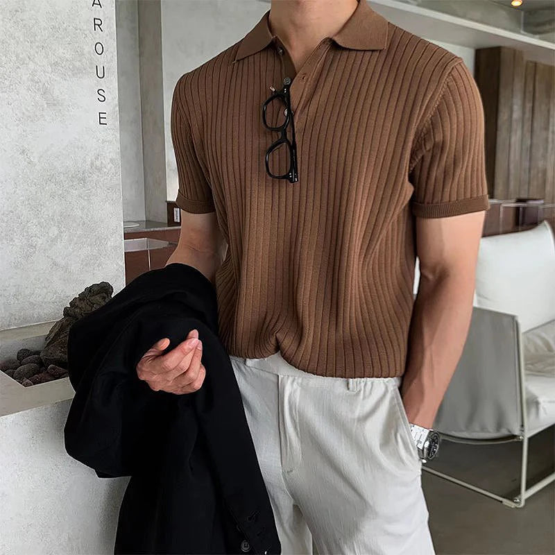 Summer Men'S Clothing Retro Knit Lapel Striped Polo Shirt Solid Color Short Sleeve Fashion Light Luxury Popular Knitwear M-3XL-Gennys fashion