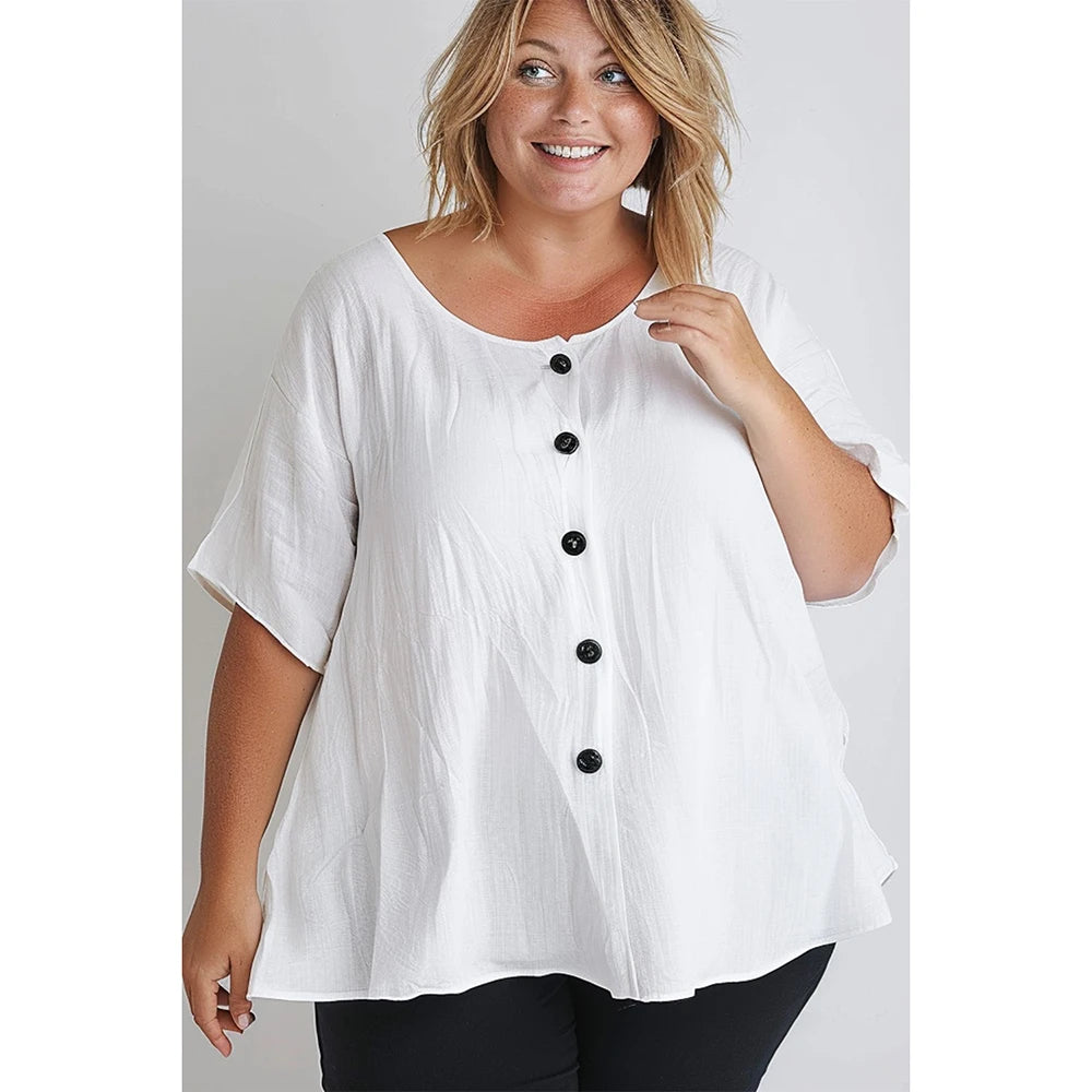 Plus Size Summer Casual White Basic Linen Button down round Neck Half Sleeve Blouse-Gennys fashion