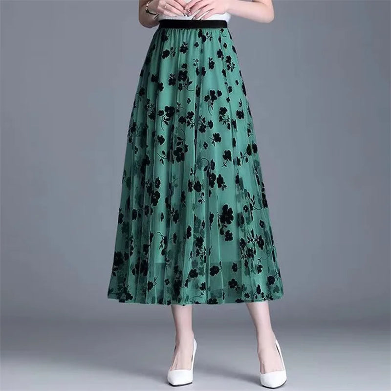 Elegant Mid-Length All-Match High-Waist Slimming Flocking Floral Mesh Long Gauze Skirts Women 2023 Autumn Winter High Waisted-Gennys fashion