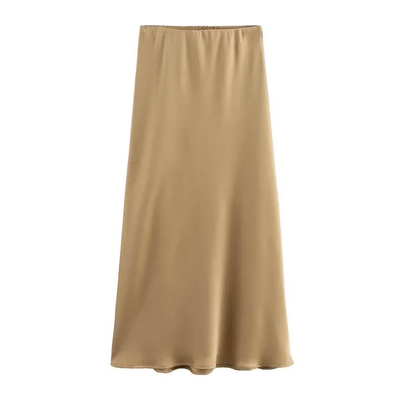 Women Fashion Satin Solid Pleated Midi Skirt Vintage Mid Elastic Waist Female Chic Lady Skirts-Gennys fashion