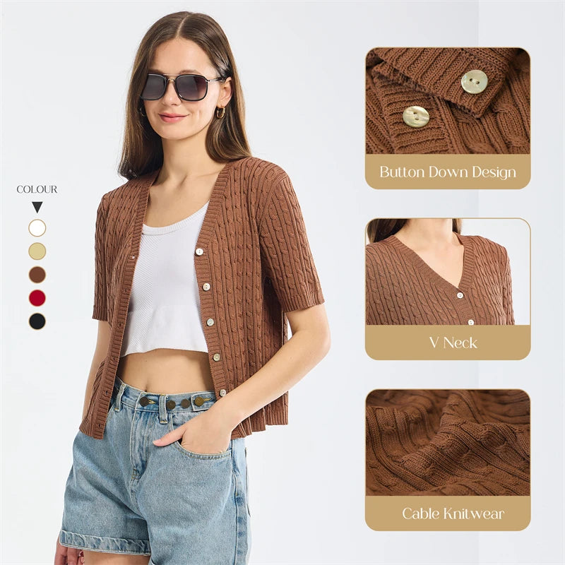 Summer Thin Cardigan for Women Solid Cropped Cardigans Button V Neck Short Sleeve Knitted Tops Brown Slim Sweater Spring 2024-Gennys fashion