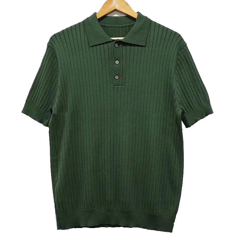 Summer Men'S Clothing Retro Knit Lapel Striped Polo Shirt Solid Color Short Sleeve Fashion Light Luxury Popular Knitwear M-3XL-Gennys fashion