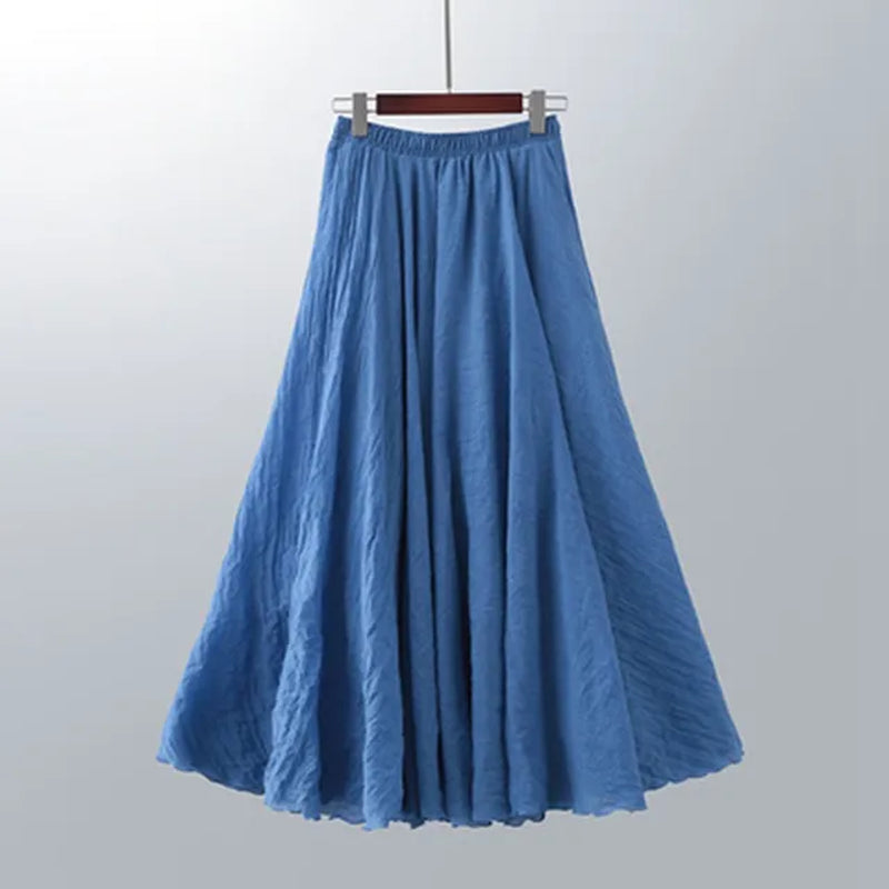 High Quality Cotton Linen Maxi Skirt Womens Casual Elastic High Waist Pleated A-Line Beach Skirts Boho Saia Feminina Faldas Jupe-Gennys fashion