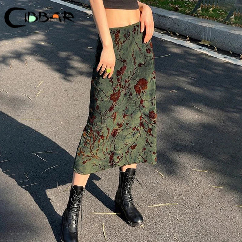 Harajuku Floral Print Long Skirt Vintage Low Rise Straight Midi Skirts for Women Autumn Basic All-Match Skirts Ladies Y2K-Gennys fashion