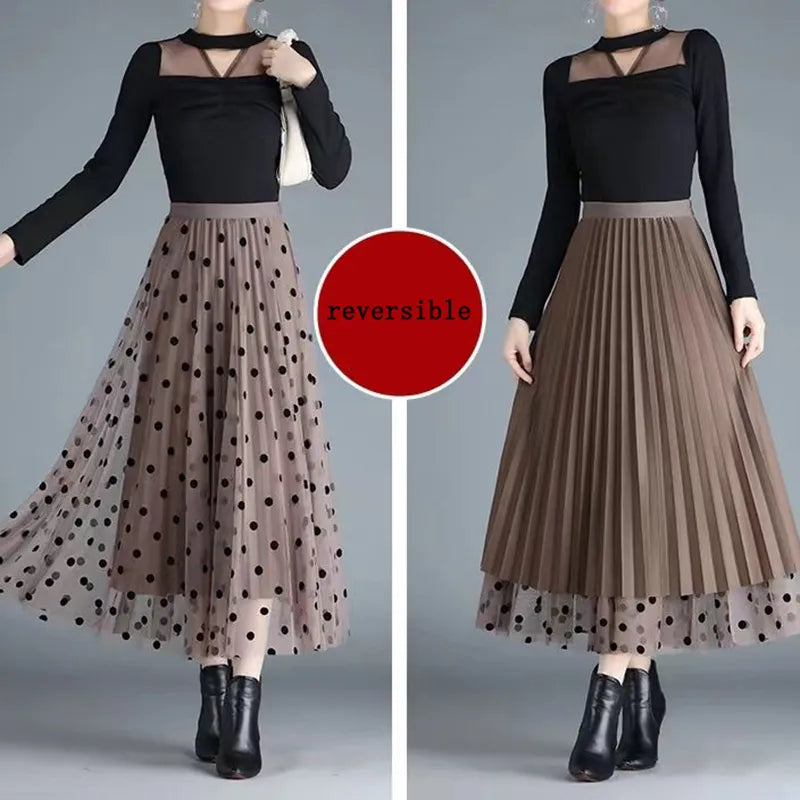 Elegant Mid-Length All-Match High-Waist Slimming Flocking Floral Mesh Long Gauze Skirts Women 2023 Autumn Winter High Waisted-Gennys fashion