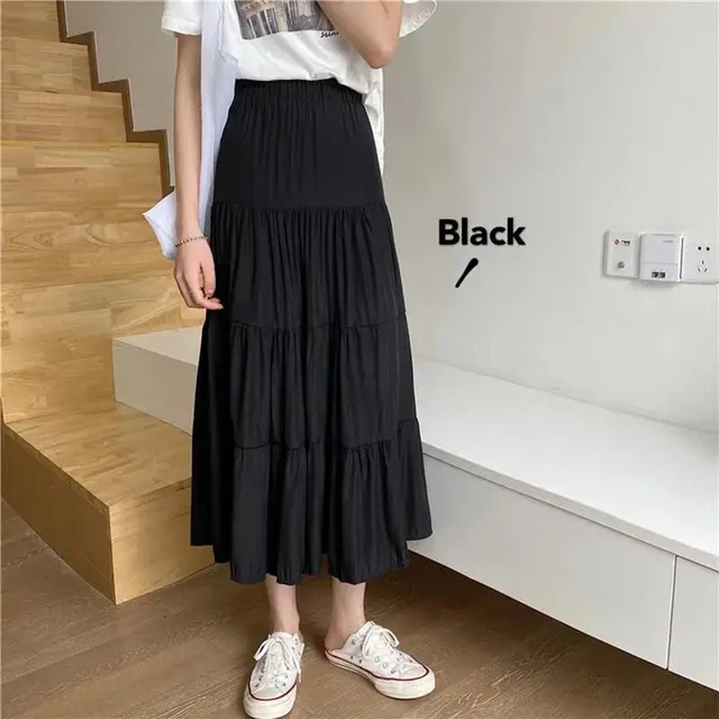 Spring Summer Women Chiffon Skirts Vintage High Waist Elastic Patchwork White Black Chic Long Cake A-Line Skirt for Student-Gennys fashion