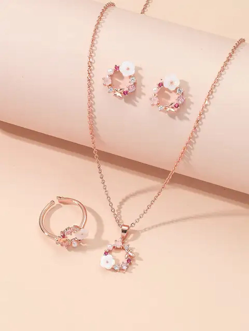 4 Pieces Rose Gold-Color Lady Flower Fashion Accessories Zircon Simple Ornate Exquisite Necklace Ring Earrings Jewelry Set-Gennys fashion