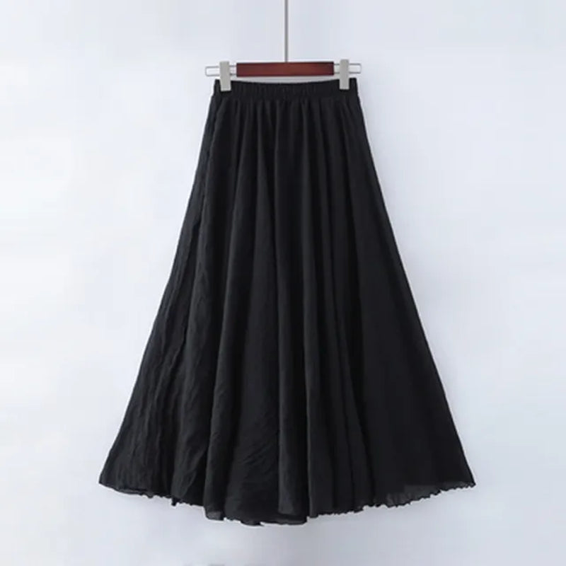 High Quality Cotton Linen Maxi Skirt Womens Casual Elastic High Waist Pleated A-Line Beach Skirts Boho Saia Feminina Faldas Jupe-Gennys fashion