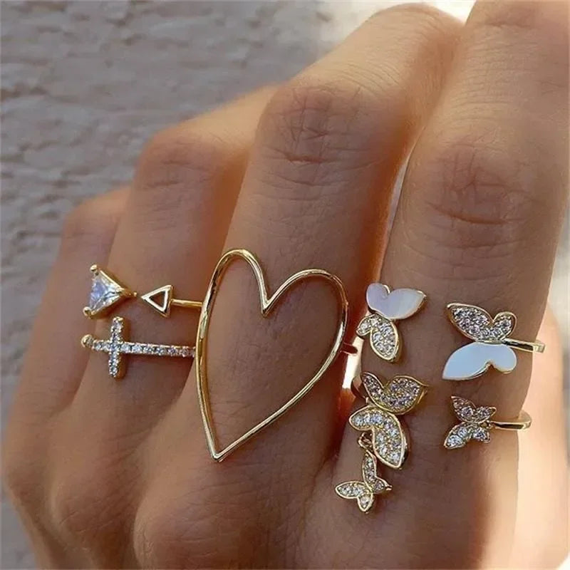 Crystal Rings Set Vintage Women Butterfly Pearl Geometric Hollow Ring Girls Anillos Jewelry Bague Adjustable Funk Jewellery-Gennys fashion