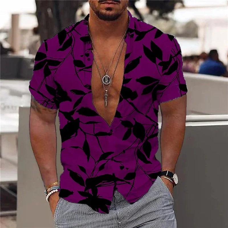 2024 Summer Hawaiian Men'S Shirt Vacation Daily Slim-Fit Top Gym Elegant Floral Pattern Leaves Society Casual Fashion-Gennys fashion