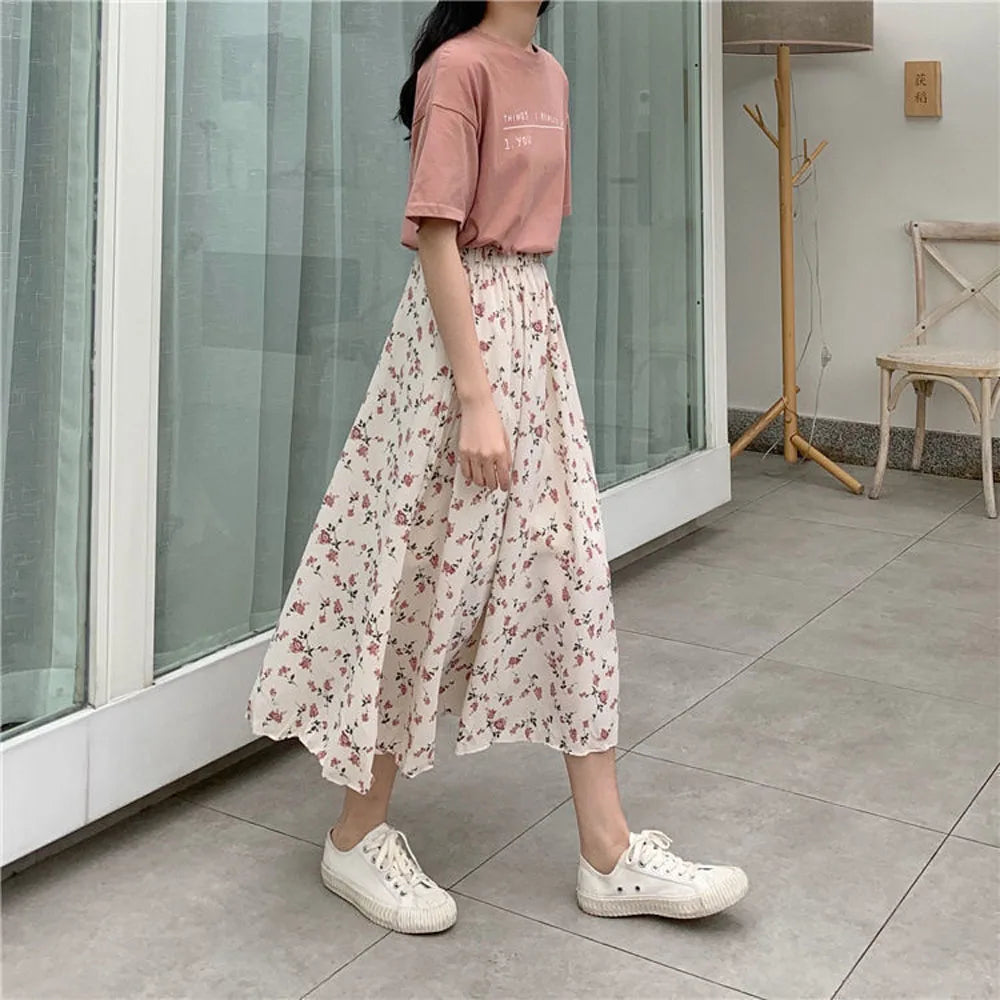 A-Line Skirts for Women Summer High Elastic Waist Floral Print Fairy Midi Calf Dress CDPF-WYP-47-Gennys fashion