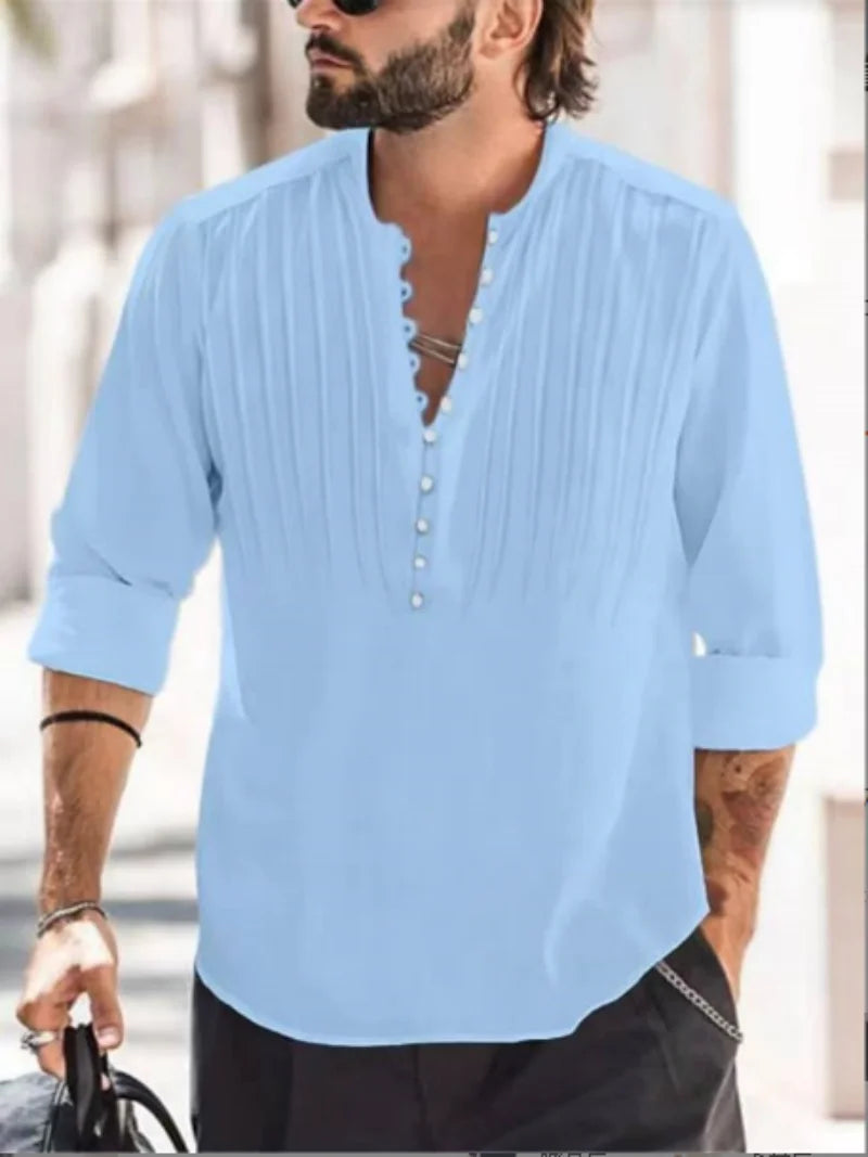 2024 New Men'S Bandage round Collar High Quality Shirt Men'S Solid Color Cotton Folding Casual Slim Long-Sleeved Shirt-Gennys fashion