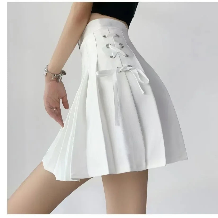 Preppy Style High-Waisted Mini Dress Slimming Skirt for Women Pleated Torso Waistband Eyelet Details Spring Summer Season-Gennys fashion