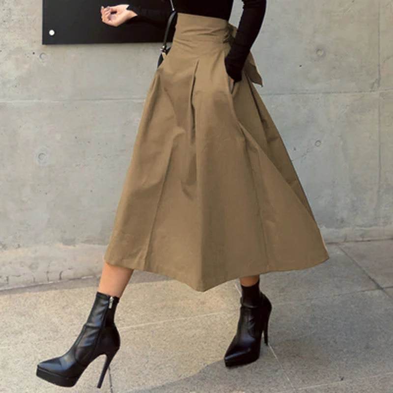 Skirts Womens Korean Fashion Solid Color Big Swing Ladies Skirt Long Skirt 2022 Autumn Wild High Waist Bow Slim Skirts-Gennys fashion