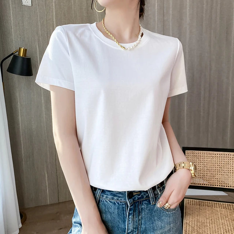 Summer 100% Mercerized Cotton Women Silk T-Shirts O Neck Short Sleeve Loose Straight Tops Simple Casual Tees for Minimalist 2023-Gennys fashion