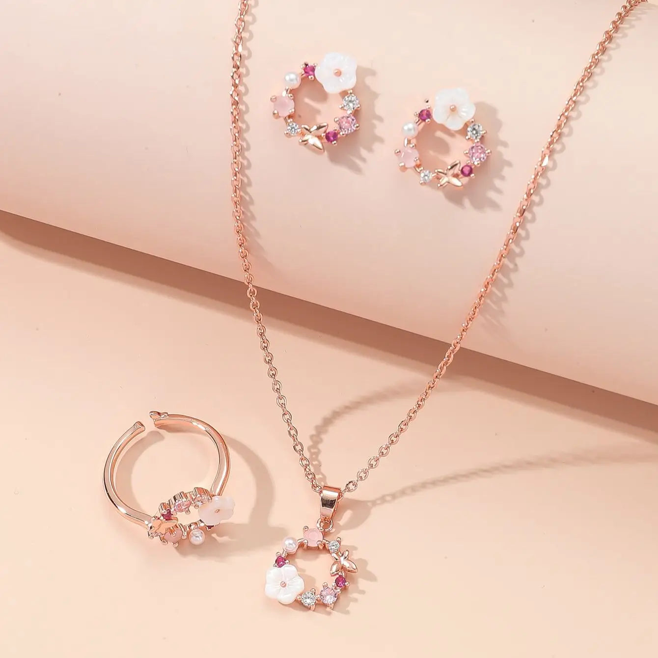 4 Pieces Rose Gold-Color Lady Flower Fashion Accessories Zircon Simple Ornate Exquisite Necklace Ring Earrings Jewelry Set-Gennys fashion