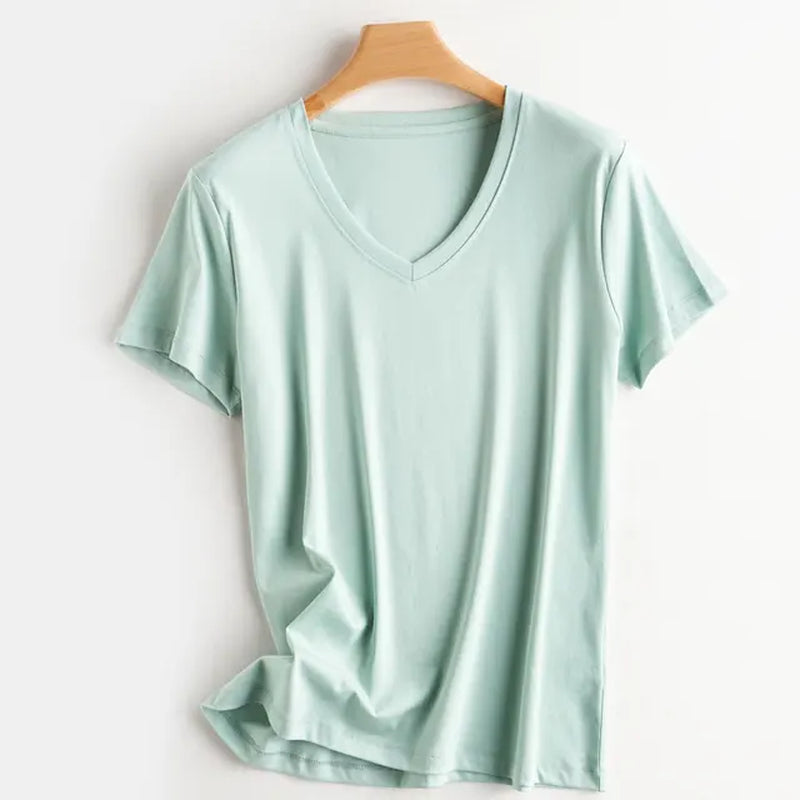 Summer 100% Mercerized Cotton Women Silk T-Shirts O Neck Short Sleeve Loose Straight Tops Simple Casual Tees for Minimalist 2023-Gennys fashion