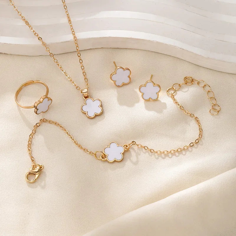 Lucky Five-Petal Flower Clover Earrings Necklace Ring Bracelet Four-Piece Set for Woman Fashionable Accessories Party Jewelry-Gennys fashion