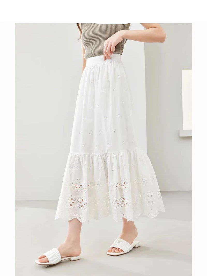 Cotton 100% White Skirt Women 2024 Spring French Style Elastic Waist Hollow Out A-Line Swing Skirts Woman'S Clothing M5958-Gennys fashion