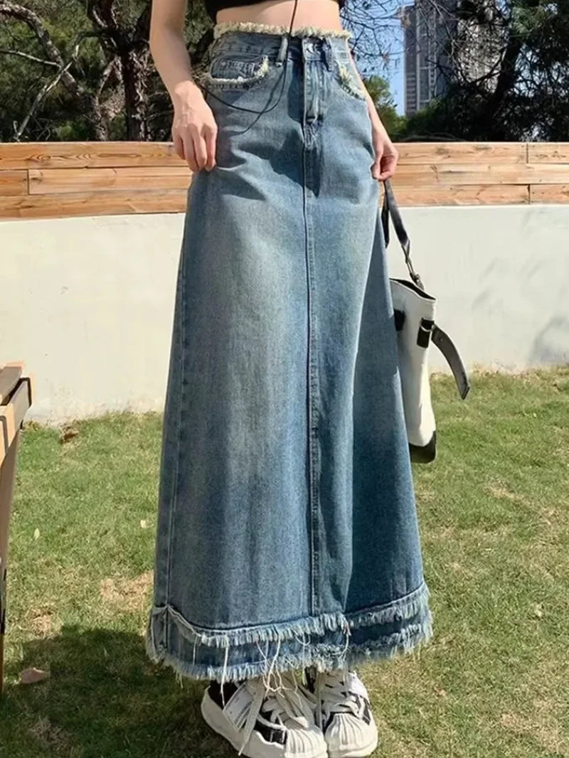 Retro High Waisted Denim Skirt Women'S Spring Mid Length Solid Color Casual A-Line Skirt 2024 New Tassel Design Slim Fit Skirt-Gennys fashion