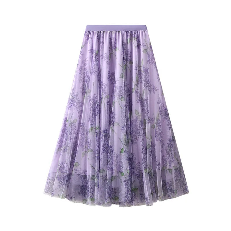 Gentle Long Skirt Girl Pink Print High Waist A-Line Half Skirt Temperament Mesh Sparkling Sparkling Flowing Skirt-Gennys fashion