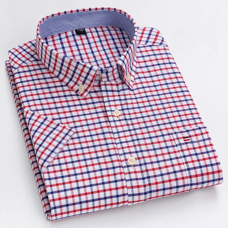 Men'S High-Quality Oxford Cotton Short Sleeved Shirt for Summer Comfort Breathable Classic Solid Color Plaid Business Leisure-Gennys fashion