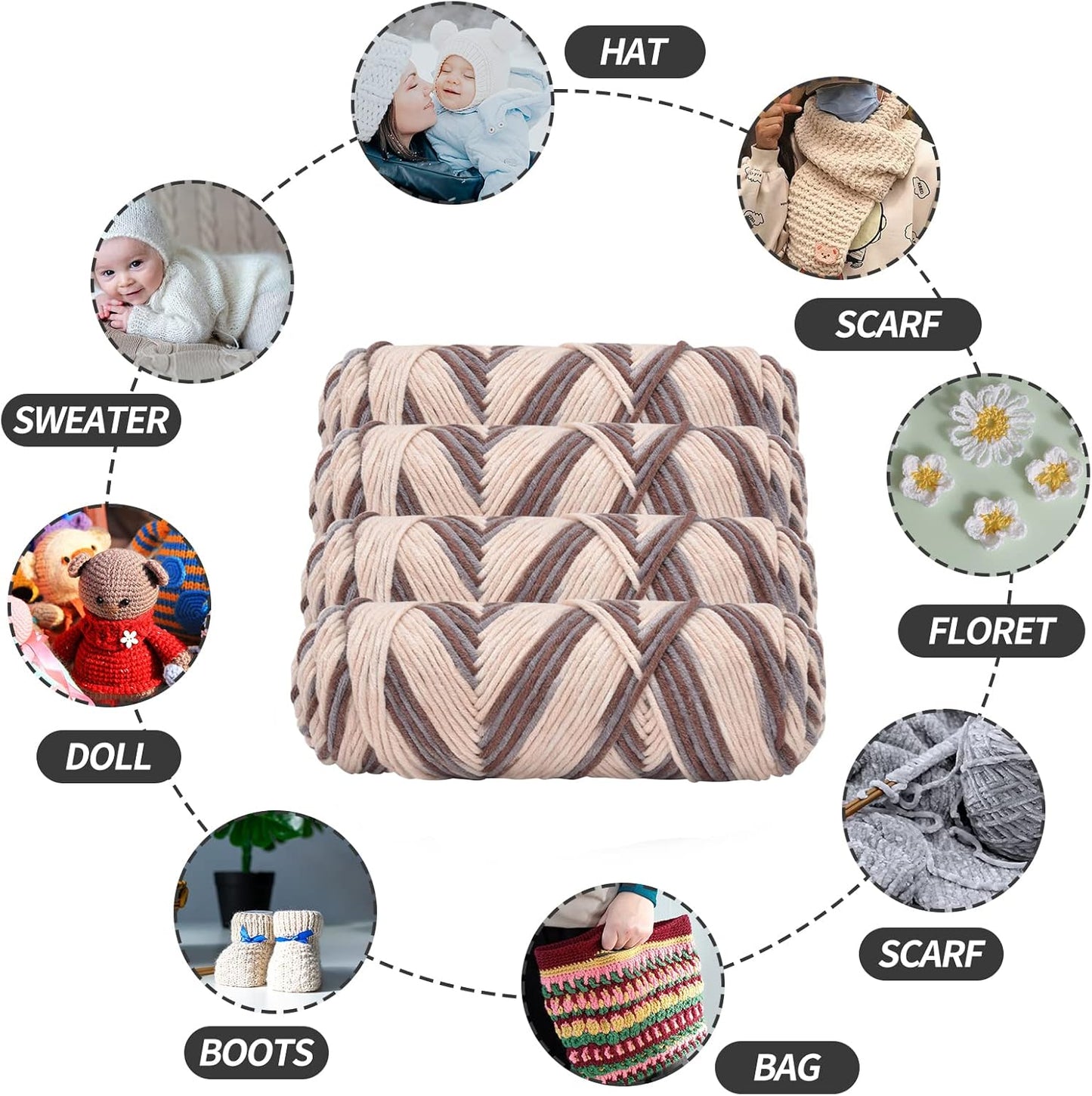 Crochet Knitting Yarn 4omfortable Milk Cotton Wool Double Knitting Yarn Multi-Colored Acrylic Crochet Yarn Set for Hats Doll (Beige + Brown)-Gennys fashion