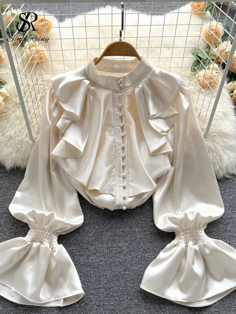 SINGREINY High Quality Satin Loose Shirt Long Flared Sleeves Ruffles O Neck Beading Women Gentle Office Lady Casual Blouse-Gennys fashion