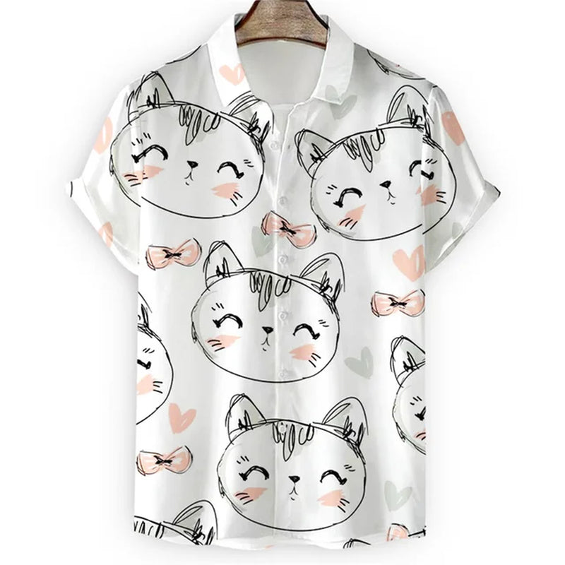 Men'S Hawaiian Collar Shirt 3D Printing Short Sleeve Cute Cat Casual for Men Vintage Clothes Harajuku Floral Blouse-Gennys fashion