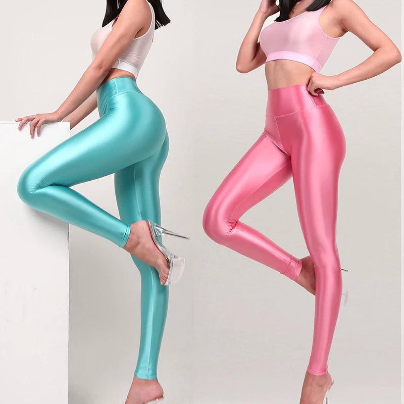 Glossy See through Thin Satin Sexy Leggings High Waist Yoga Sports Pants plus Size Trousers Women Bottoms-Gennys fashion