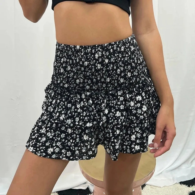 Floral Pleated Short Skirt for Women 2024 Summer Vintage Women'S High Waist Ruffle Mini Skirt Female Vacation Bohemian Dress-Gennys fashion