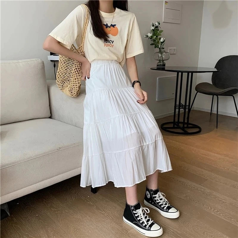 Spring Summer Women Chiffon Skirts Vintage High Waist Elastic Patchwork White Black Chic Long Cake A-Line Skirt for Student-Gennys fashion