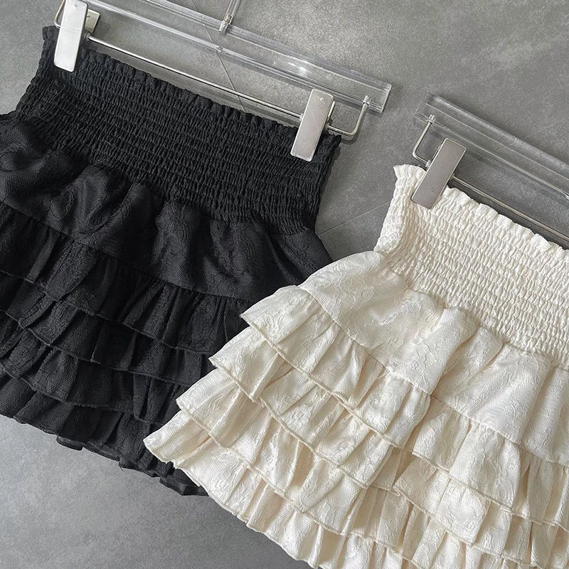 Streetwear Y2K Ruffles Mini Skirts Women Sweet Kawaii High Waist Lace a Line Skirt Summer Korean Fashion Black Ball Gown Skirts-Gennys fashion