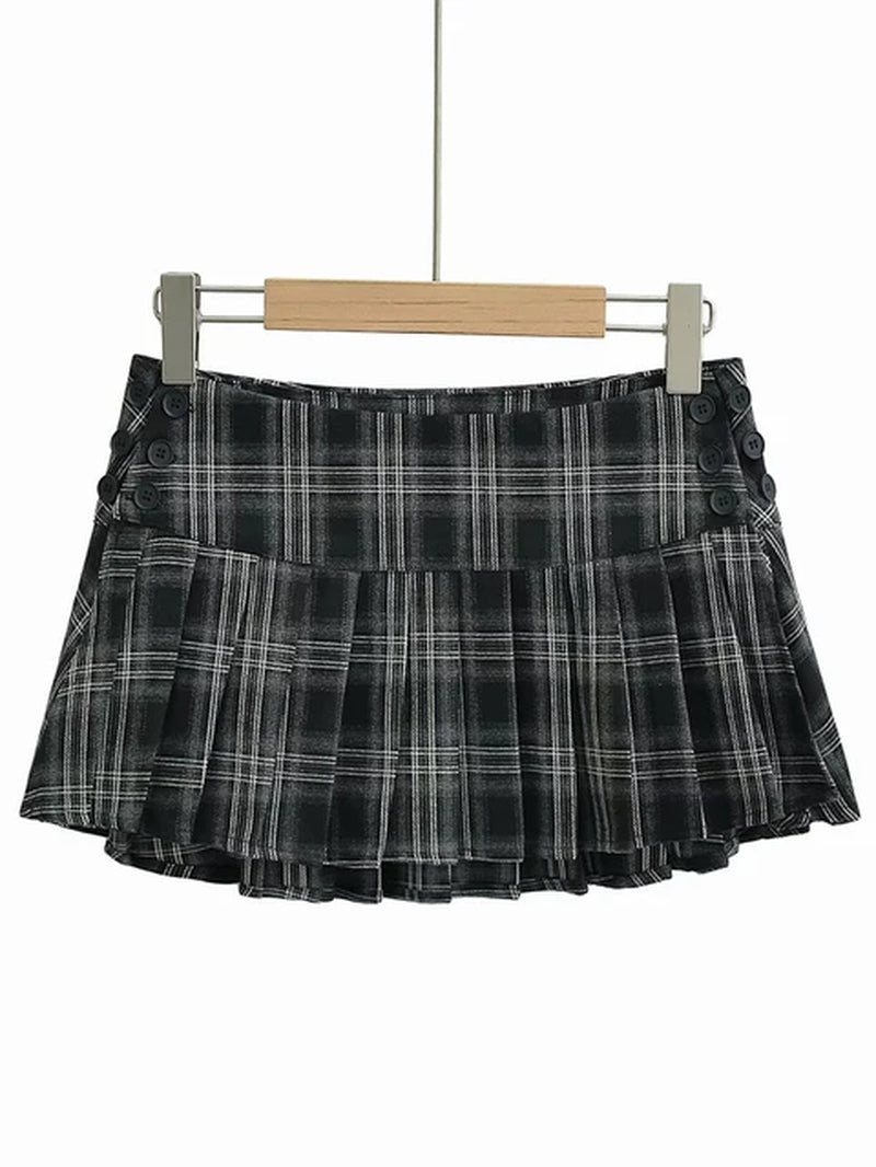 2024 Women New Fashion Preppy Style Plaid Printed Pleated Mini Skirt Hot Sweet Low Waist Sexy Super Short Skirts-Gennys fashion