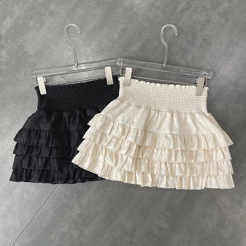 Streetwear Y2K Ruffles Mini Skirts Women Sweet Kawaii High Waist Lace a Line Skirt Summer Korean Fashion Black Ball Gown Skirts-Gennys fashion