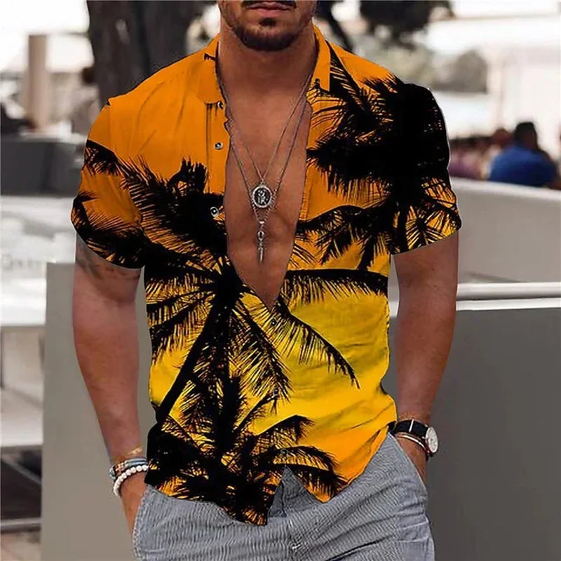 2024 Summer Hawaiian Men'S Shirt Vacation Daily Slim-Fit Top Gym Elegant Floral Pattern Leaves Society Casual Fashion-Gennys fashion