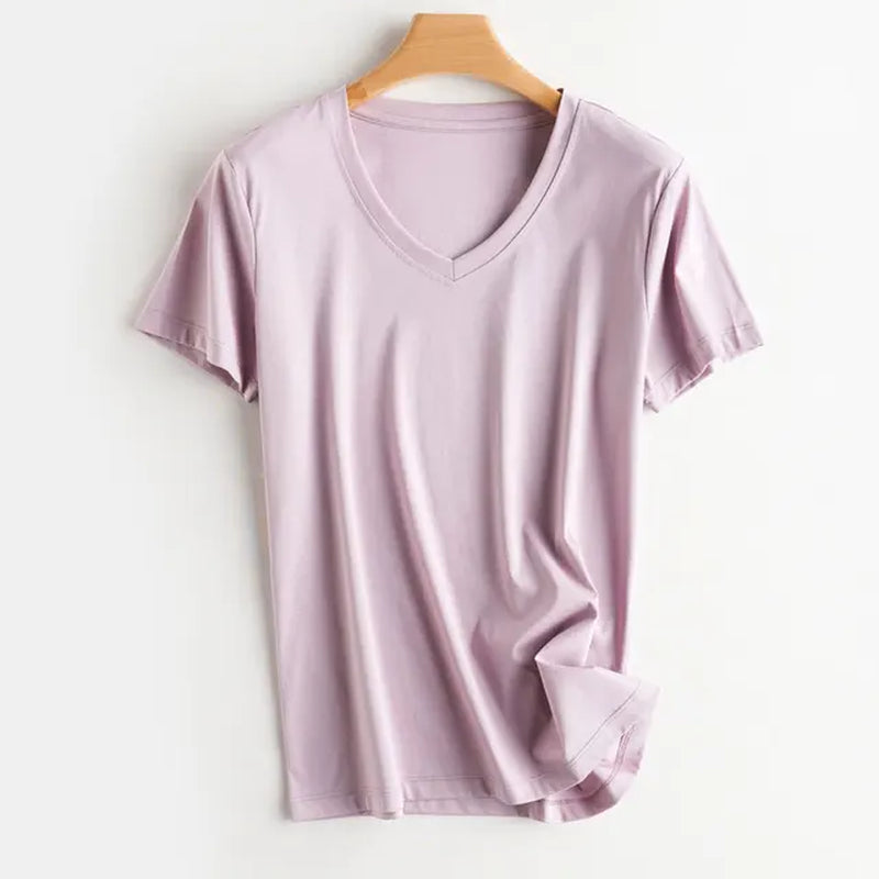 Summer 100% Mercerized Cotton Women Silk T-Shirts O Neck Short Sleeve Loose Straight Tops Simple Casual Tees for Minimalist 2023-Gennys fashion