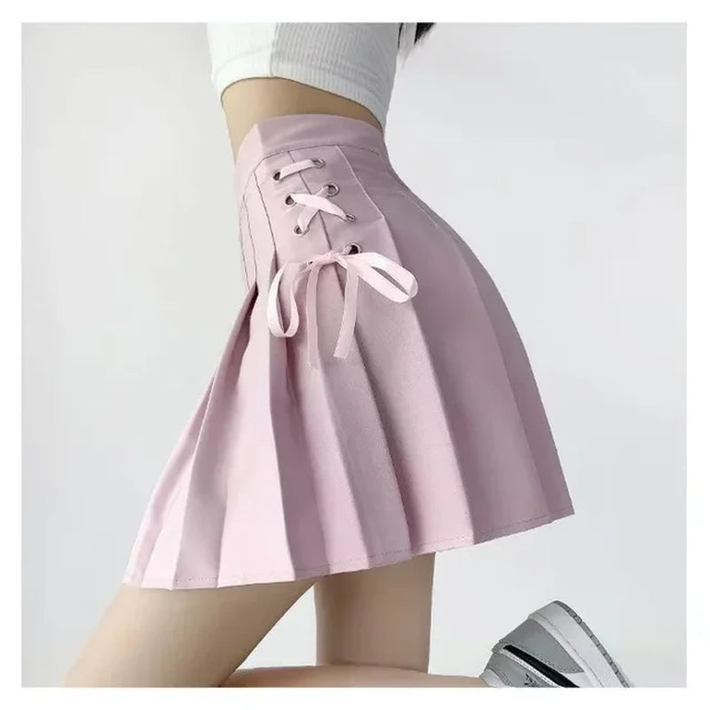 Preppy Style High-Waisted Mini Dress Slimming Skirt for Women Pleated Torso Waistband Eyelet Details Spring Summer Season-Gennys fashion