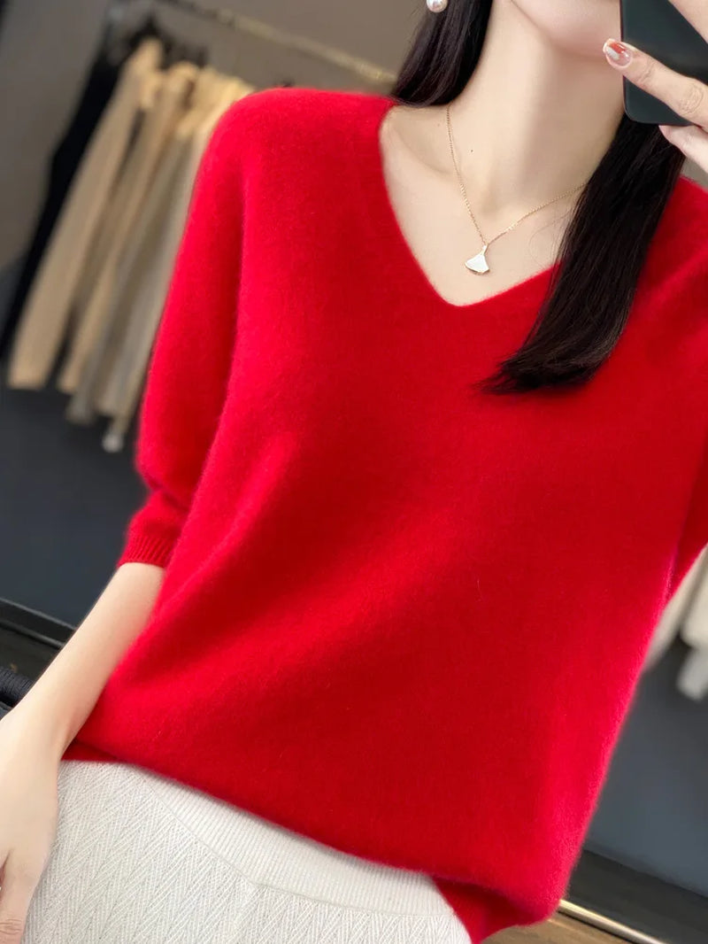 Short Sleeve Women Knitted Sweaters 100% Pure Merino Wool Cashmere Spring Fashion V-Neck Top Pullover Clothing-Gennys fashion