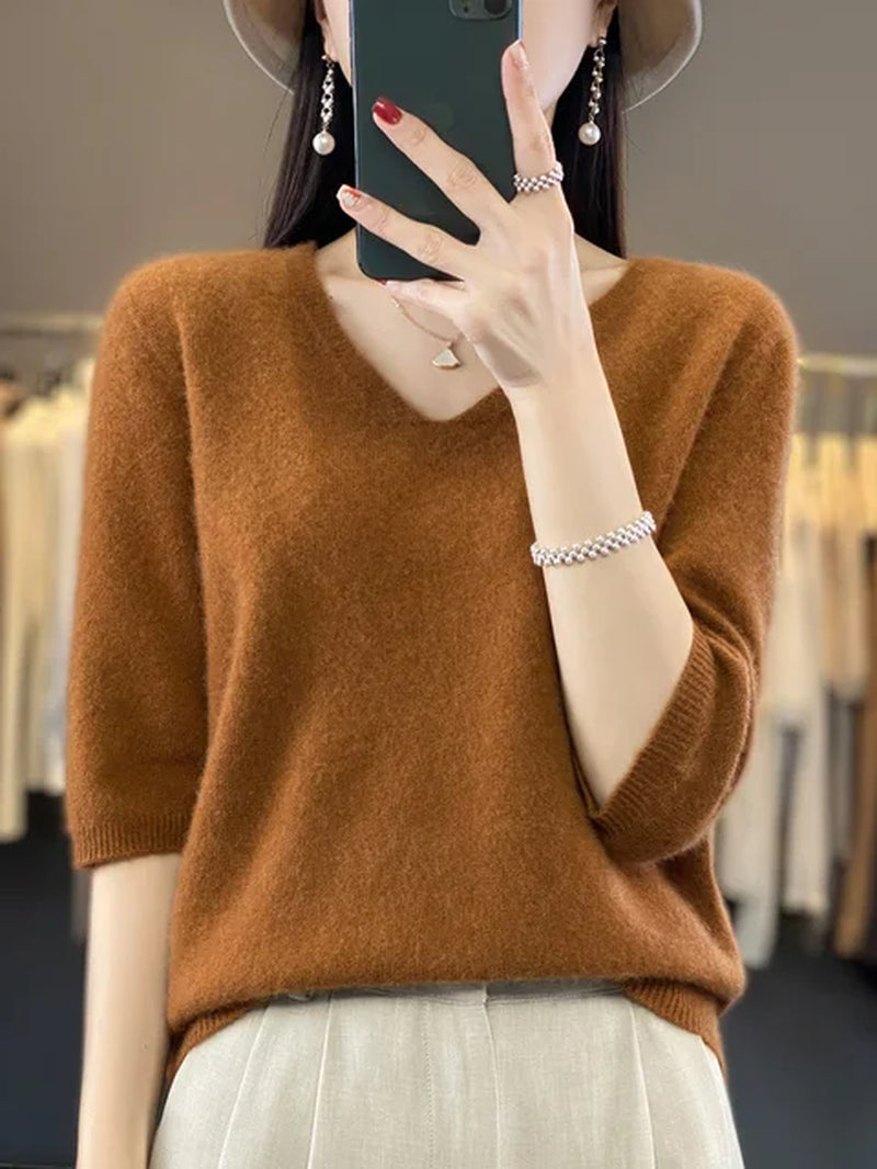 Short Sleeve Women Knitted Sweaters 100% Pure Merino Wool Cashmere Spring Fashion V-Neck Top Pullover Clothing-Gennys fashion