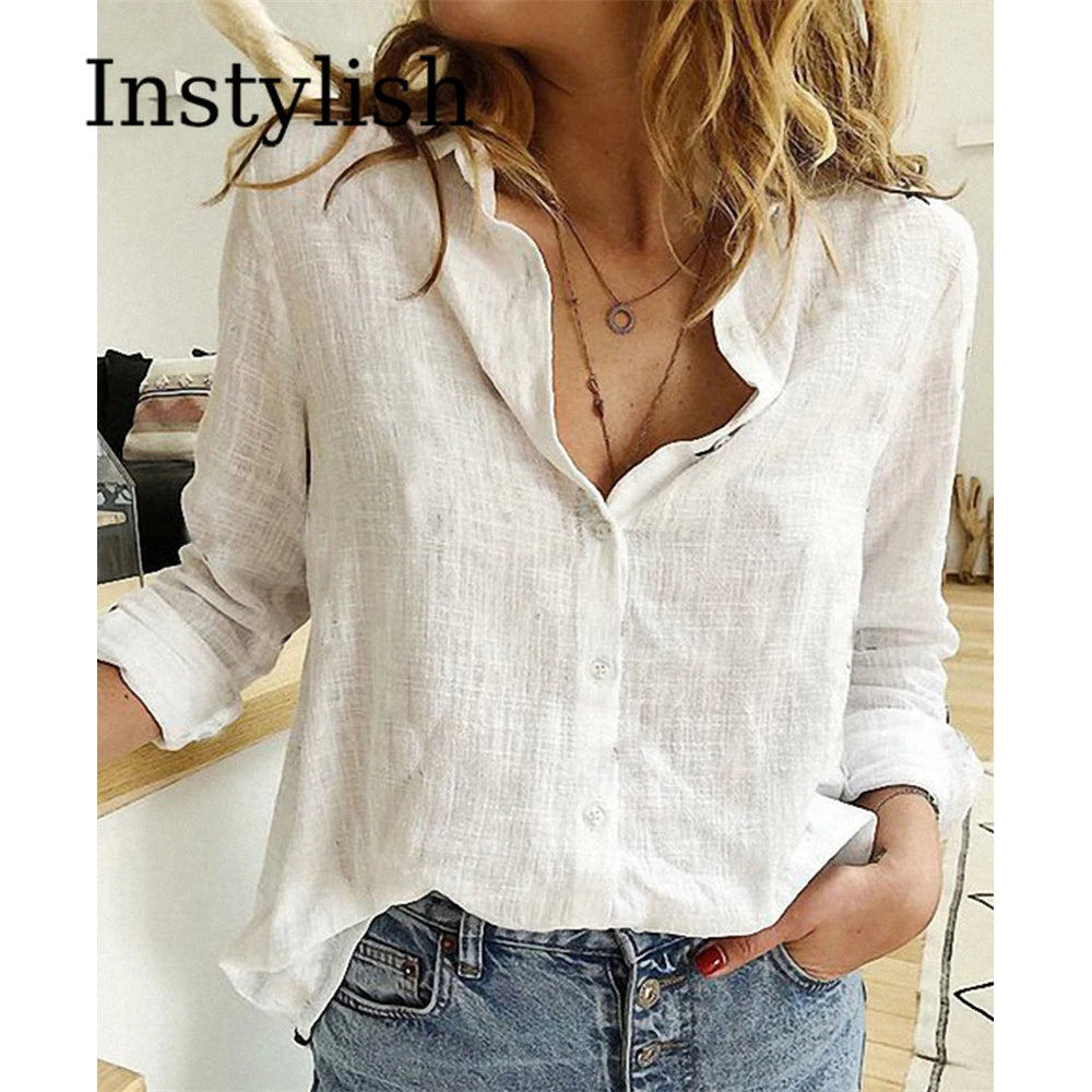 Elegant Cotton Linen Shirts Women Casual Solid Button Lapel Blouses Shirts Autumn Winter Long Sleeve Loose Tops Tunic Blusas-Gennys fashion