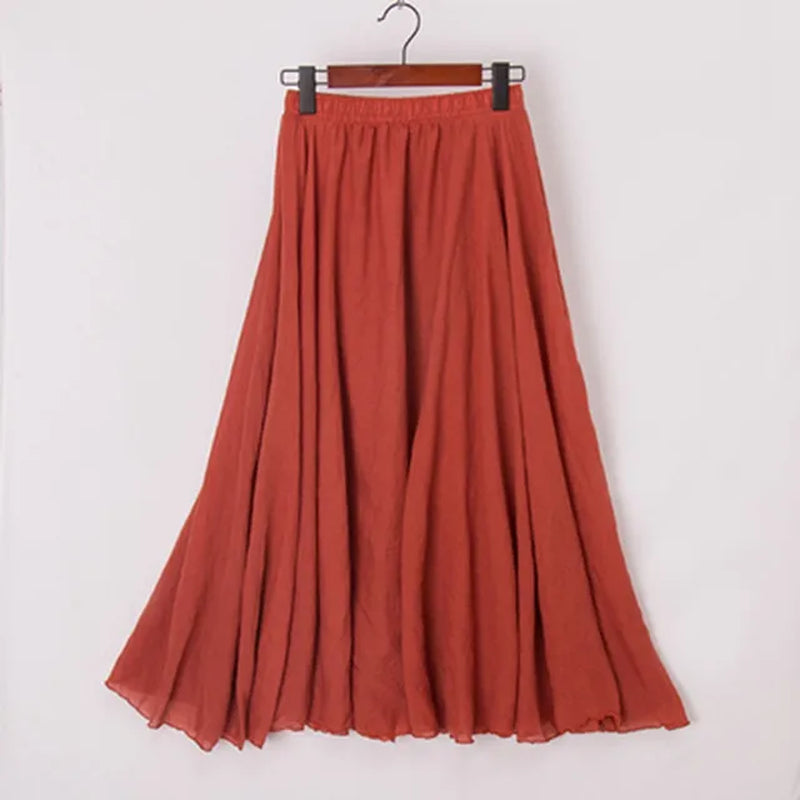 High Quality Cotton Linen Maxi Skirt Womens Casual Elastic High Waist Pleated A-Line Beach Skirts Boho Saia Feminina Faldas Jupe-Gennys fashion