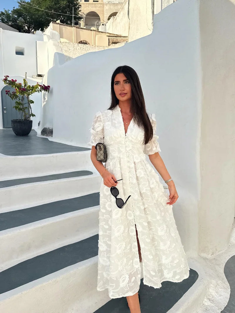 Elegant White Party Long Dress Women'S Luxury V-Neck Printed Single Breasted Split Evening Robe 2024 New Chic Street Dresses-Gennys fashion