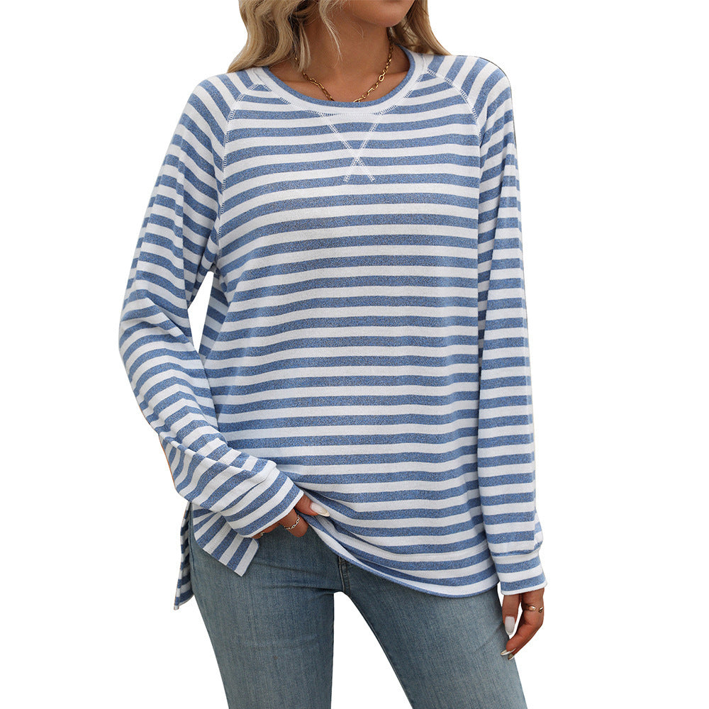 Striped Contrast Color Round Neck Long Sleeve Loose-fitting T-shirt Top-Gennys fashion